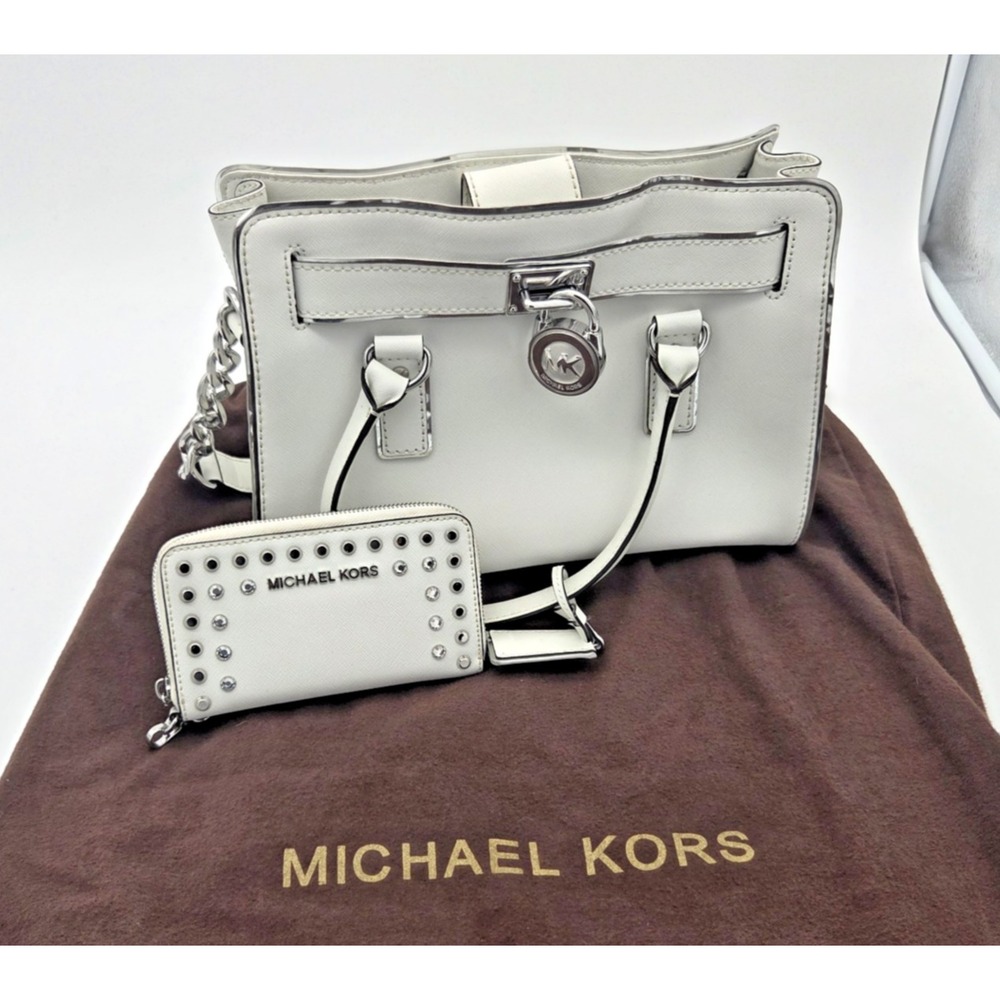 Michael Kors White Saffiano Leath Hamilton Purse Chain Lock W/ Rhinestone Wallet